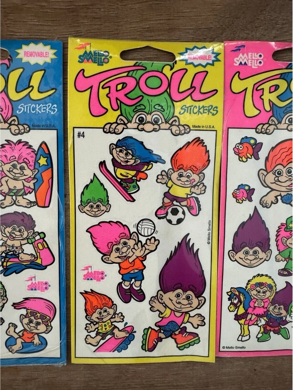 Vintage Mello Smello Troll Stickers Complete Set #1-4 Sealed Neon 4 Packs